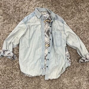 We the free Stylish Light Blue Denim Shirt with Patterned Accents